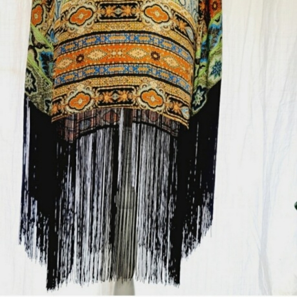 Boston Proper Bohemian Artsy Moasic Fringe Kimono Cardigan Wrap Cape Open Duster - Picture 5 of 12